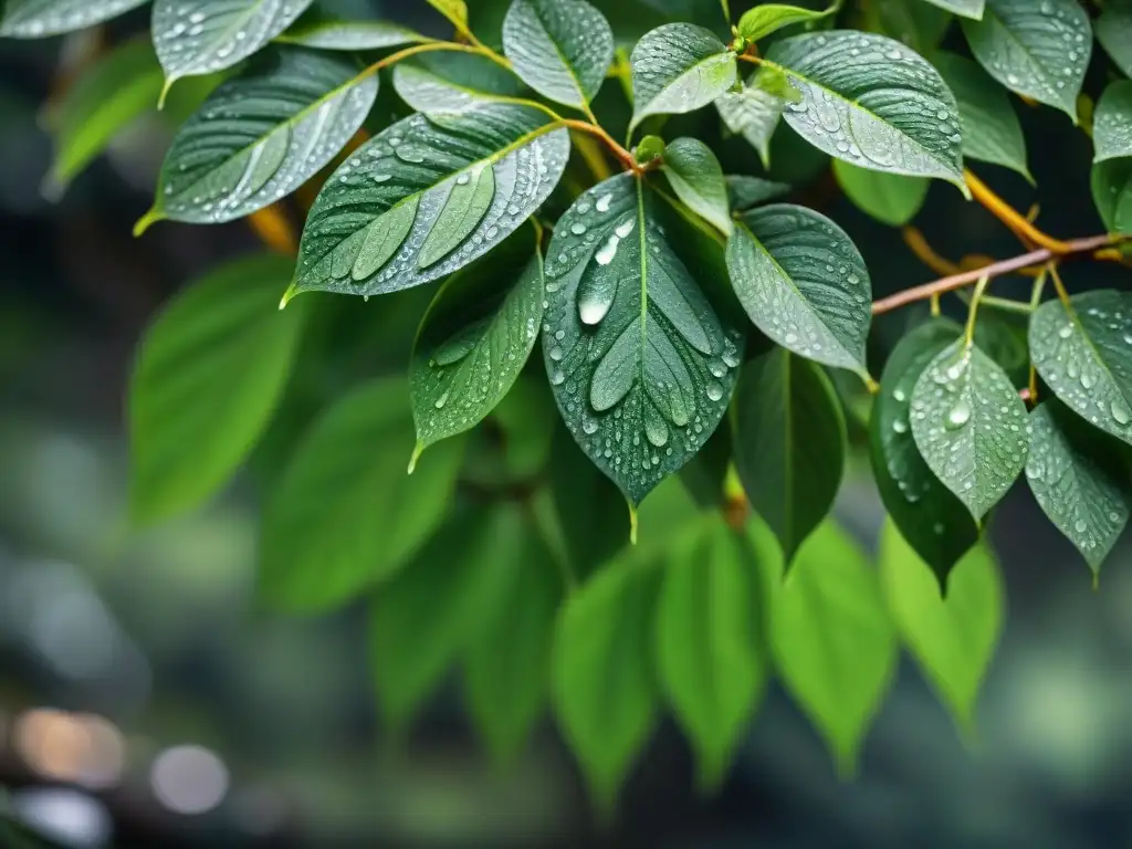 Gotas de lluvia sobre hojas verdes, reflejando la pureza del agua de lluvia en un entorno natural