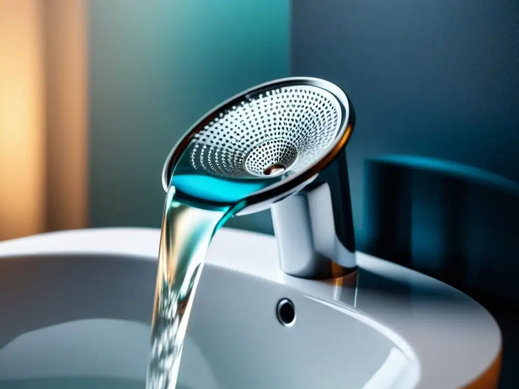 Grifo moderno en baño elegante con agua fluyendo a un vaso, capturando estrategias ahorro agua hogar