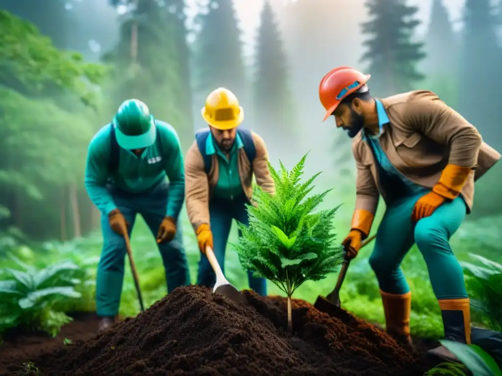 Un grupo de activistas ambientales plantando árboles en un bosque verde, reflejando el origen y evolución del Movimiento Verde