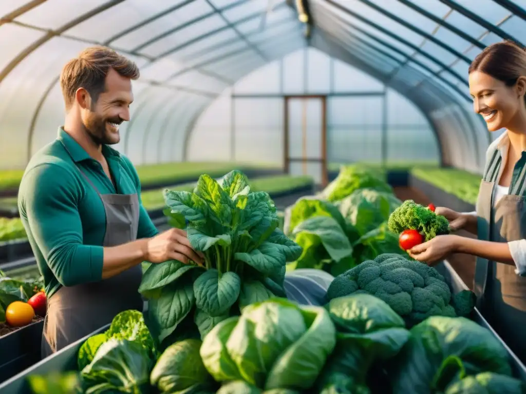 Grupo de agricultores sonrientes cosechando vegetales orgánicos en invernadero iluminado, destacando la arquitectura sostenible diseño planeta