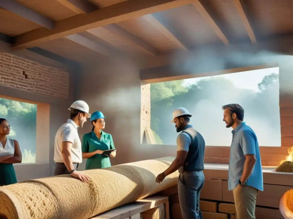 Grupo de arquitectos y constructores discuten técnicas de bioconstrucción en una estructura de tierra, con detalles naturales y cálida luz solar