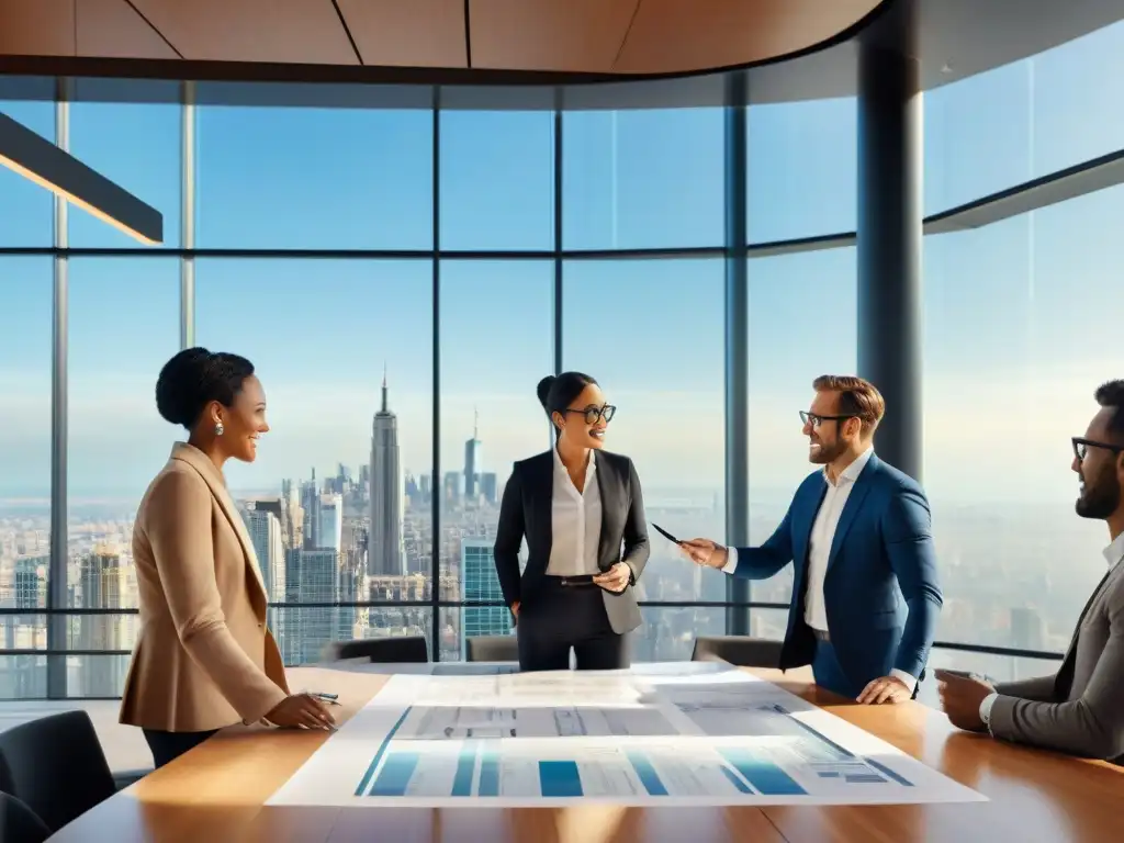 Grupo de arquitectos y ingenieros discutiendo normativas construcción sostenible futuro en sala con vista panorámica a la ciudad