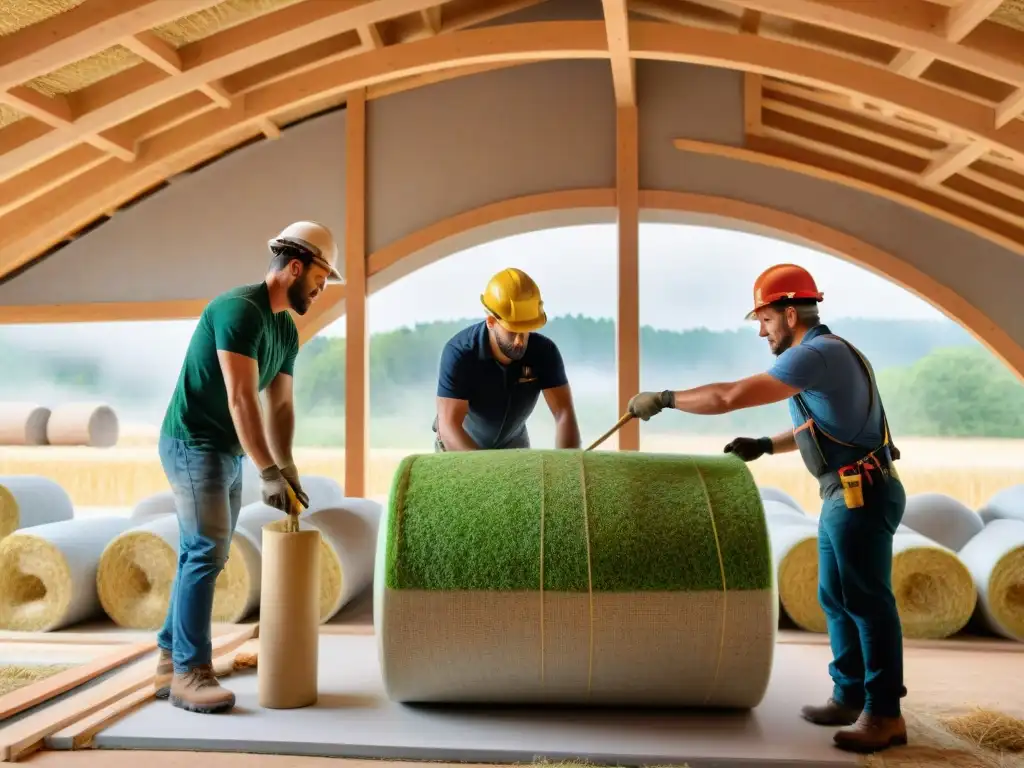 Grupo de arquitectos y trabajadores en construcción con paja sostenible en proyecto ecoamigable