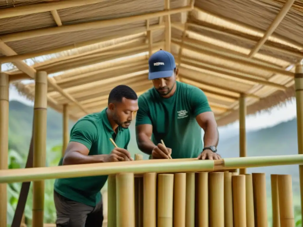 Grupo de artesanos construyendo con bambú, enfocados en una obra sostenible y detallada