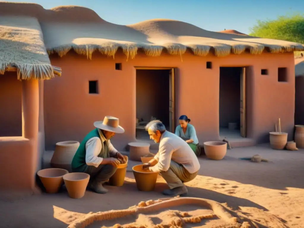 Un grupo de artesanos trabajando juntos para construir una casa de adobe con técnicas ancestrales de construcción