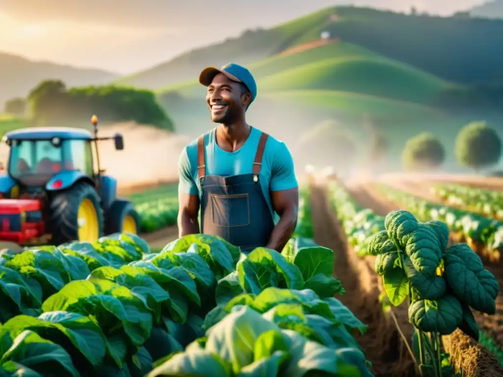 Un grupo diverso de agricultores sonrientes cosechando productos frescos en un campo soleado y exuberante