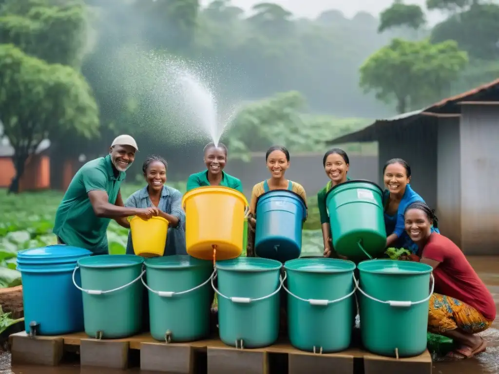 Grupo diverso recolecta agua lluvia con entusiasmo bajo la lluvia