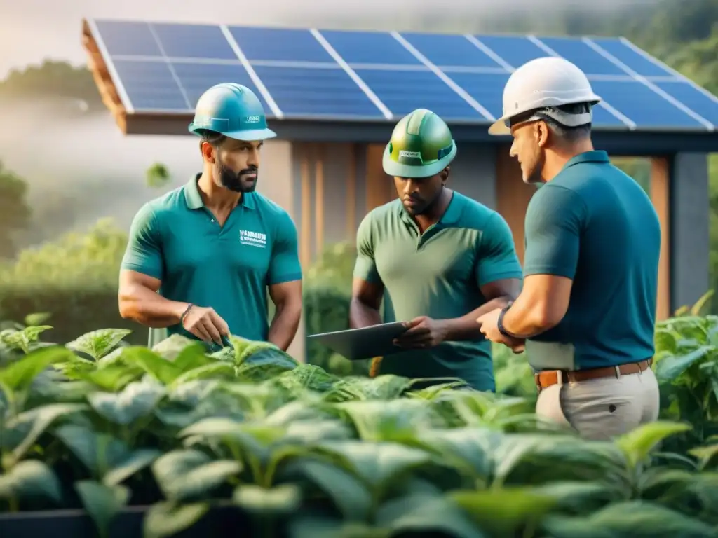 Un grupo diverso de arquitectos y constructores colaborando en un proyecto de bioconstrucción para un planeta sostenible