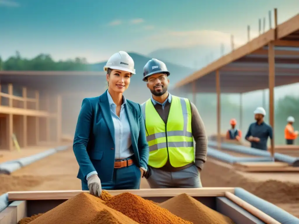 Un grupo diverso de arquitectos y constructores trabajando en un sitio de construcción sostenible con materiales de tierra como adobe y tapial