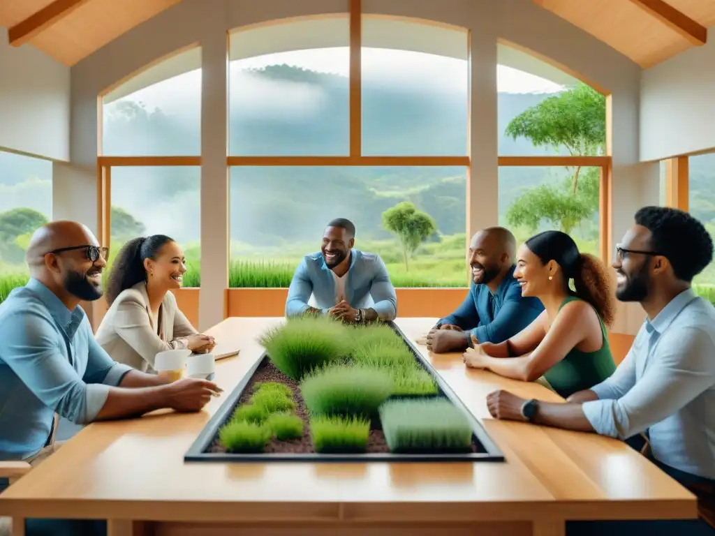 Grupo diverso con arquitectos y ingenieros discutiendo en una sala soleada sobre bioconstrucción sostenible desde cero