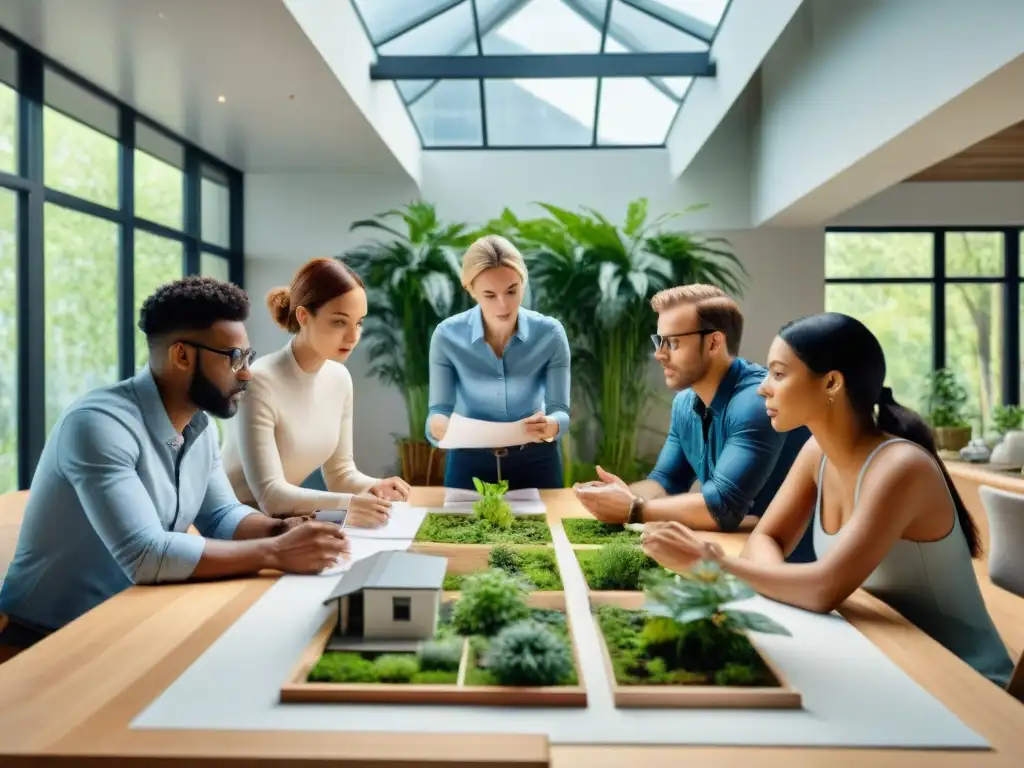 Grupo diverso de arquitectos e ingenieros discuten animadamente en una sala llena de luz natural, rodeados de plantas y materiales sostenibles