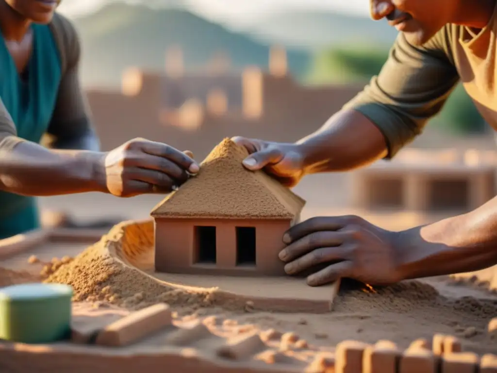 Un grupo diverso construye una casa de adobe sostenible al atardecer