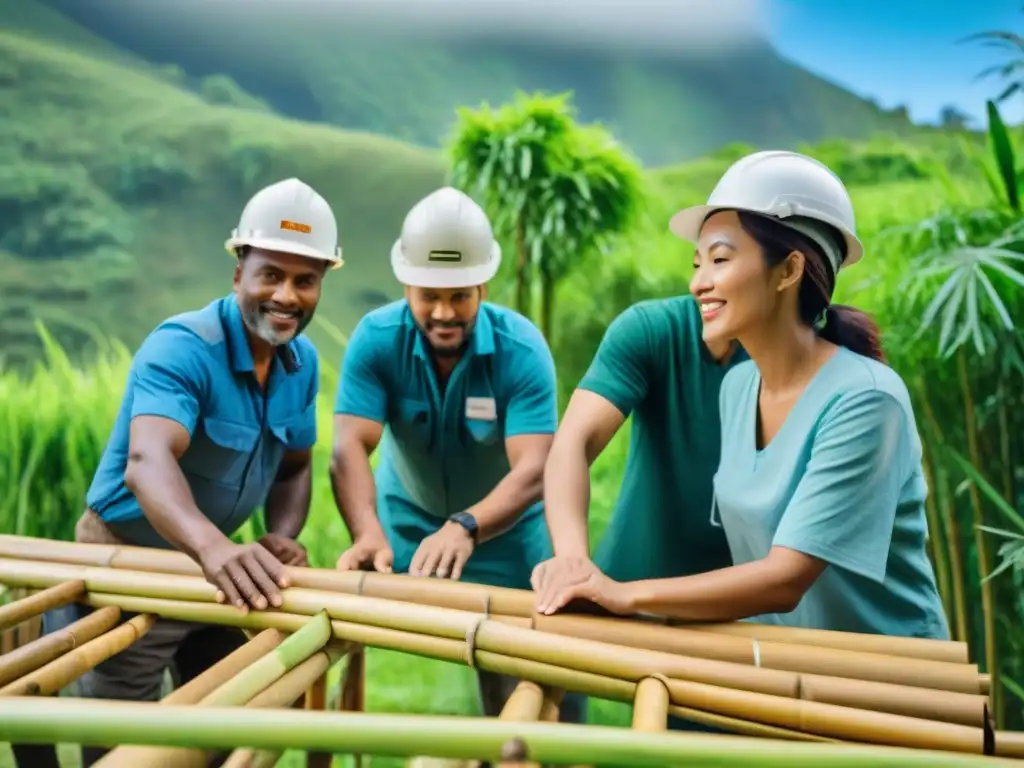 Un grupo diverso construye una casa ecológica con bambú y madera reciclada en armonía con la naturaleza