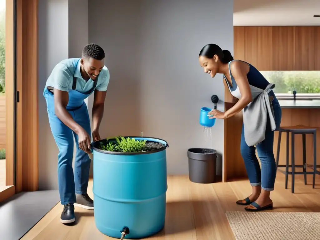 Grupo diverso en casa moderna, practicando conservación de agua