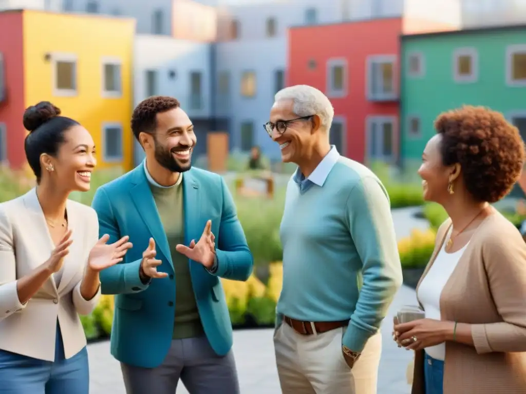 Un grupo diverso en círculo discutiendo animadamente en un complejo de vivienda cooperativa sostenible, fortaleciendo lazos sociales