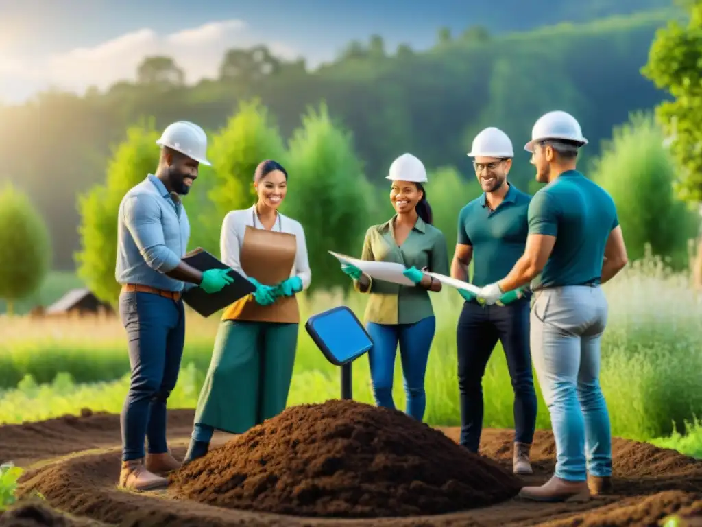 Construcción sostenible: cooperación en campo verde Grupo diverso en círculo, discutiendo planes y planos para proyecto de viviendas verdes autogestión en campo
