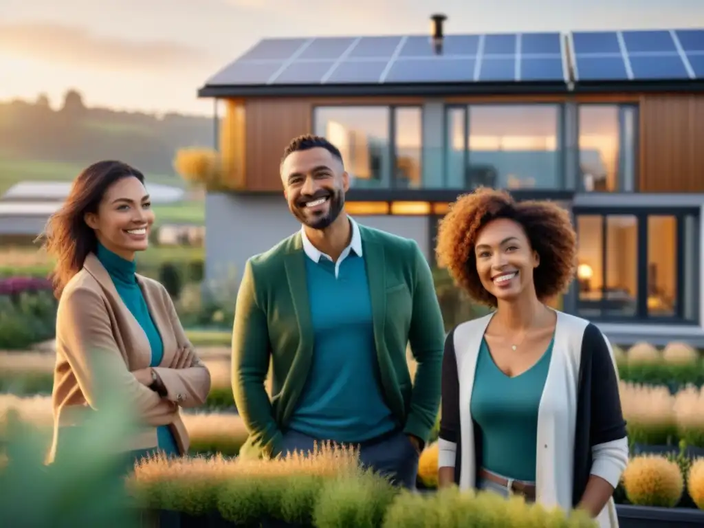 Un grupo diverso de clientes sonrientes frente a ecohogares, demostrando su satisfacción y sentido de comunidad