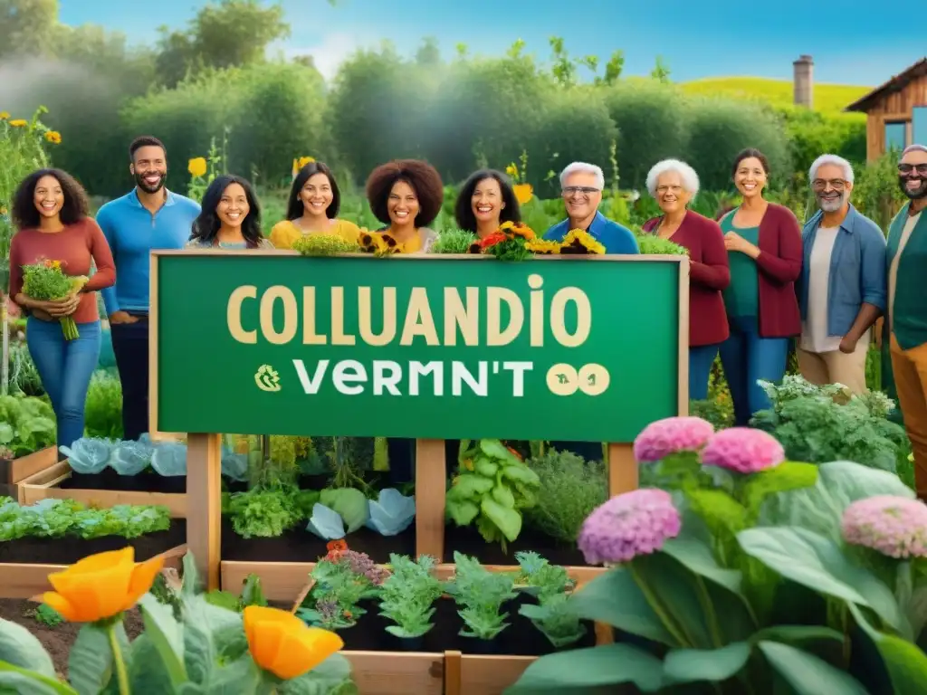 Un grupo diverso disfruta del jardín comunitario, rodeado de flores y vegetales