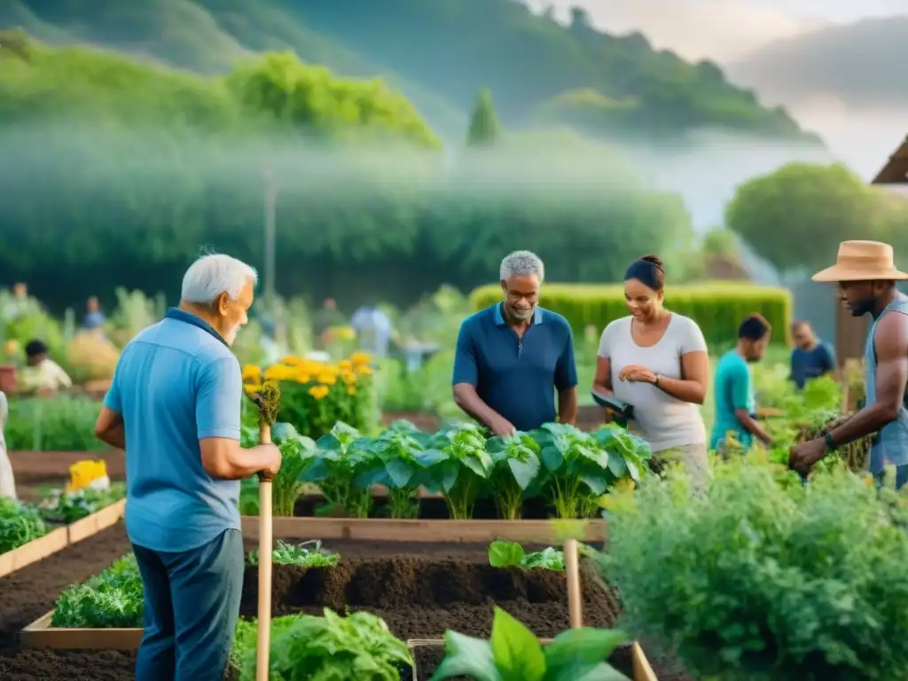 Un grupo diverso colabora en un jardín comunitario, rodeados de vegetación y hogares sostenibles, contribuyendo a objetivos de sostenibilidad global