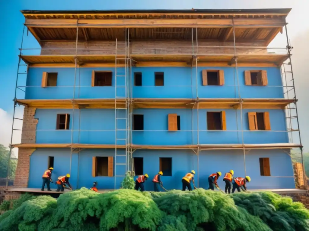 Grupo diverso renovando edificio histórico con determinación y trabajo en equipo