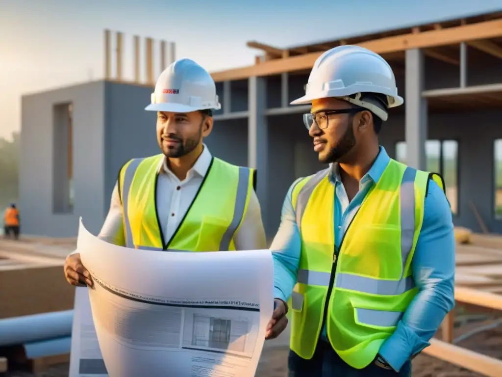 Un grupo diverso de emprendedores entusiastas en obras, planificando un complejo habitacional ecológico al atardecer