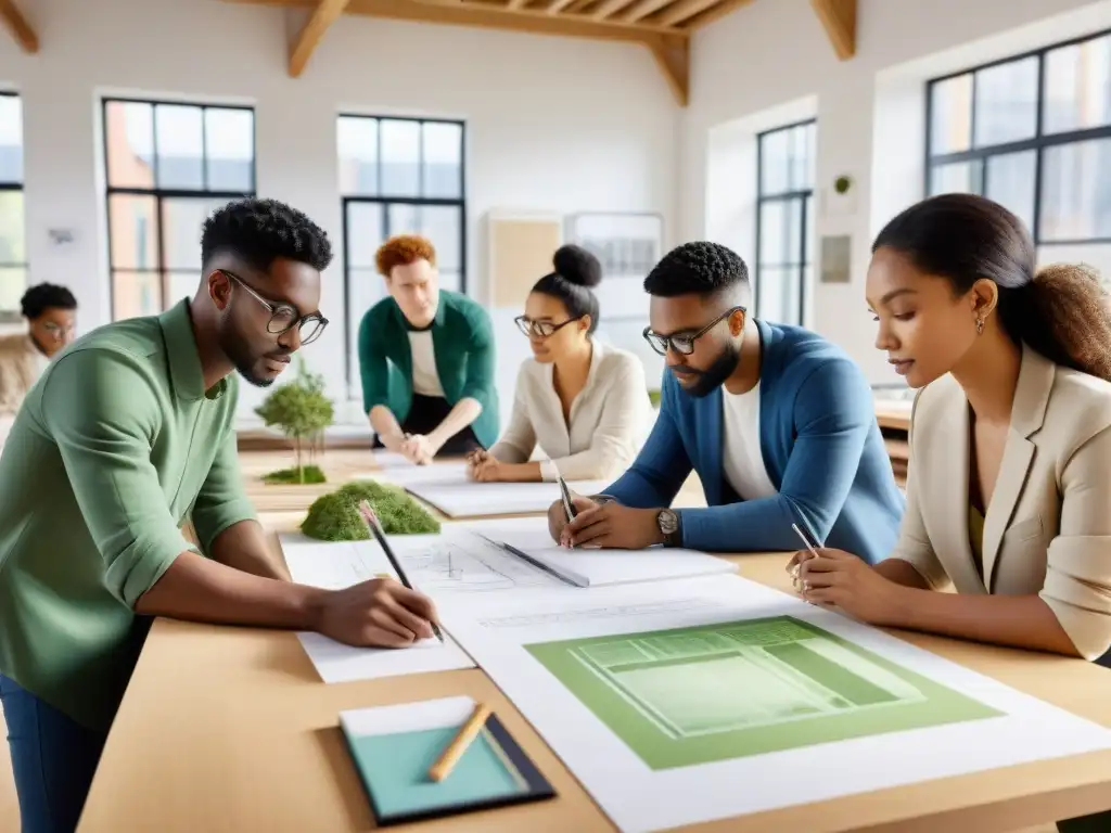 Un grupo diverso de estudiantes de arquitectura colaborando en proyectos sostenibles en un estudio moderno y luminoso