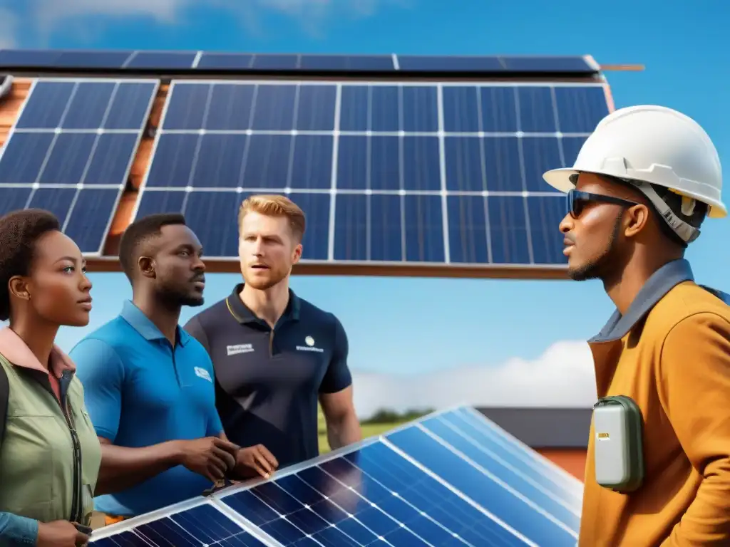 Un grupo diverso de estudiantes atentos escuchando a un experto en instalación de paneles solares