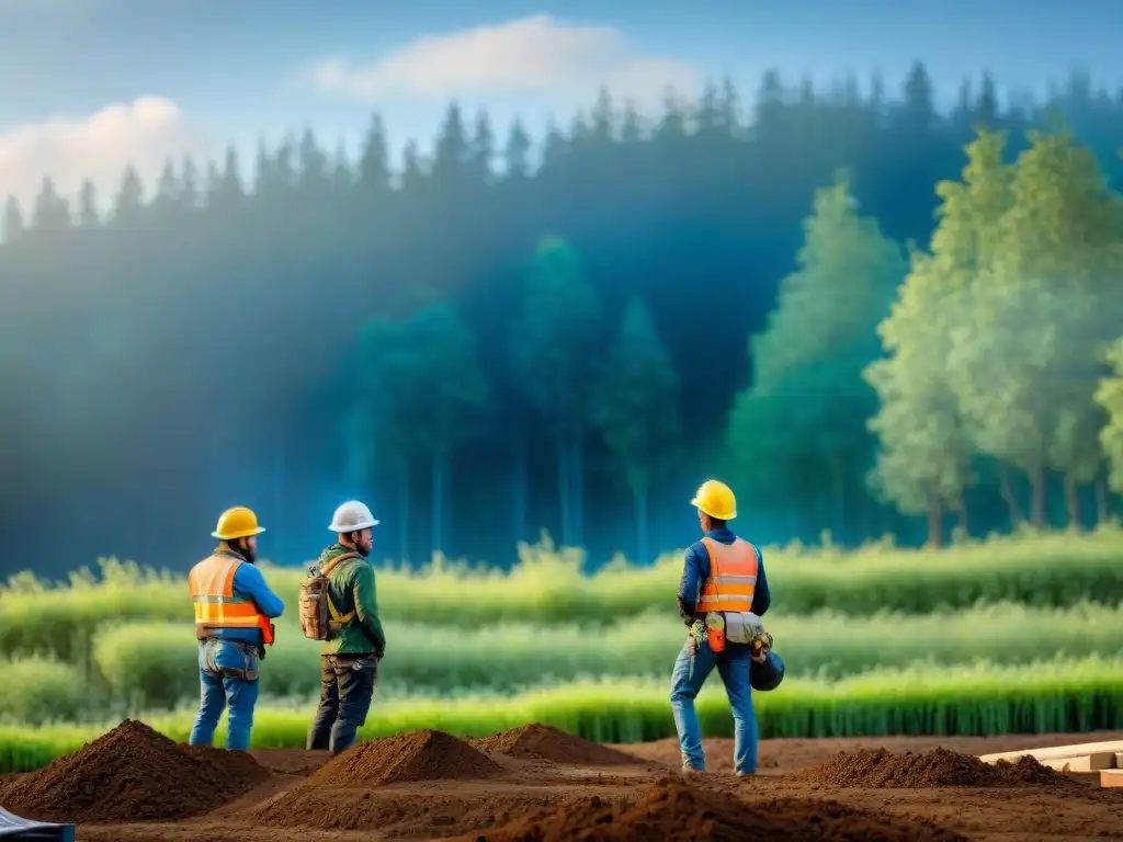 Construcción sostenible: alumnos colaboran en campo verde Un grupo diverso de estudiantes construye un edificio sostenible en un campo verde, bajo el sol