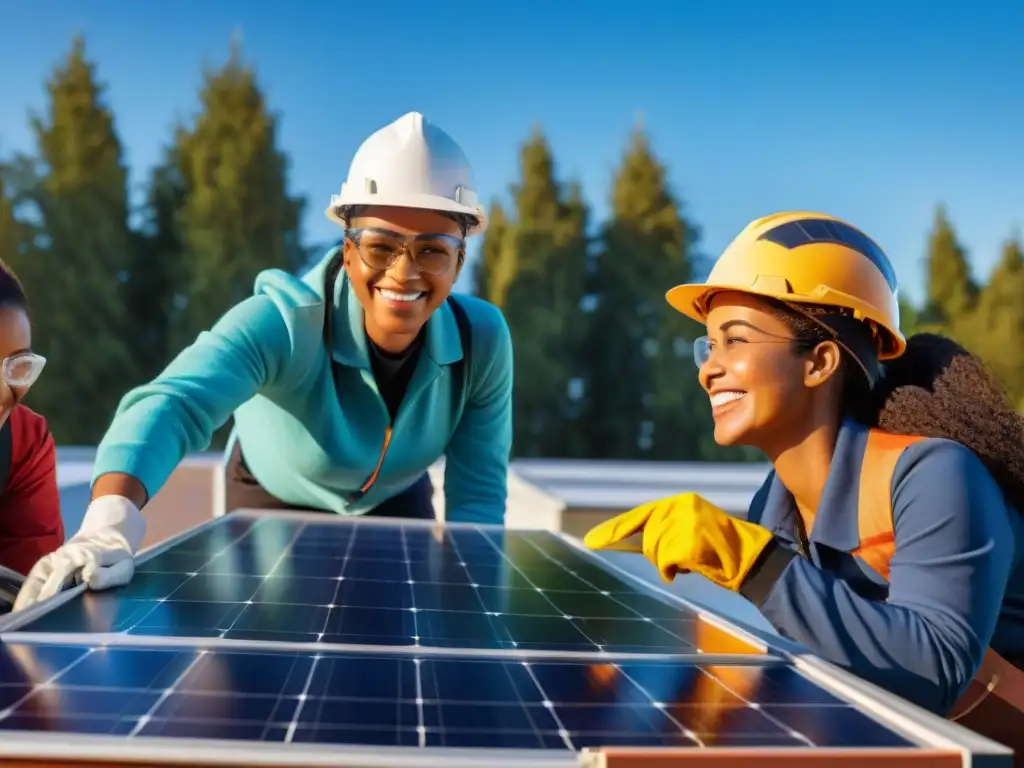 Grupo diverso de estudiantes instalando paneles solares en escuela bajo guía de instructora