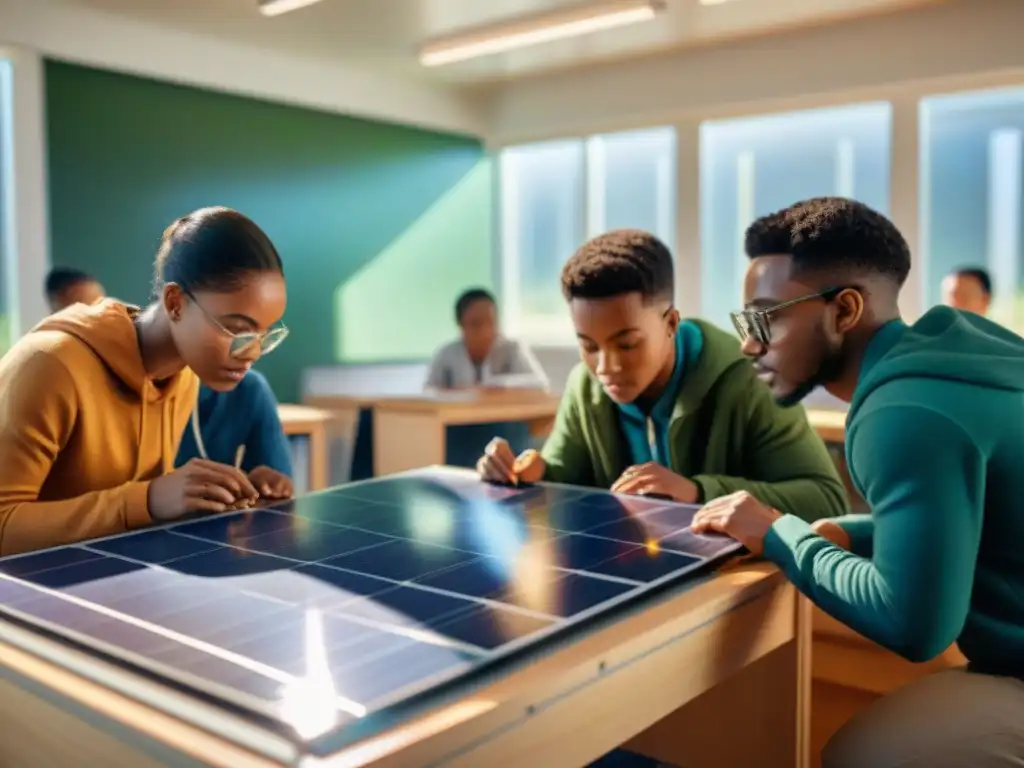 Grupo diverso de jóvenes estudiantes ensamblan paneles solares con entusiasmo, en clase luminosa