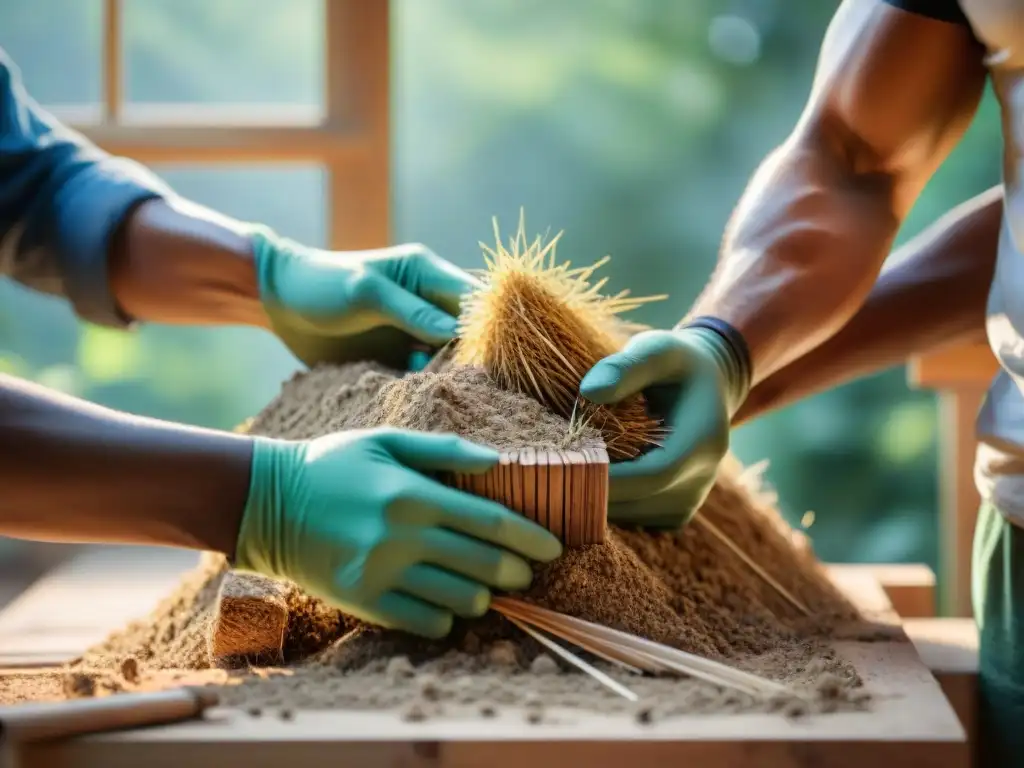 Grupo diverso construye hogar sostenible con paja, barro y madera