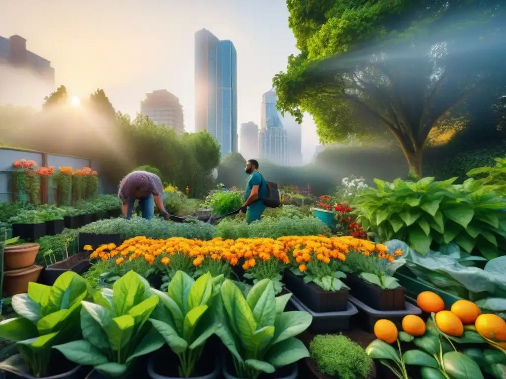 Un grupo diverso de jardineros urbanos practican sostenibilidad en un huerto lleno de vida y color