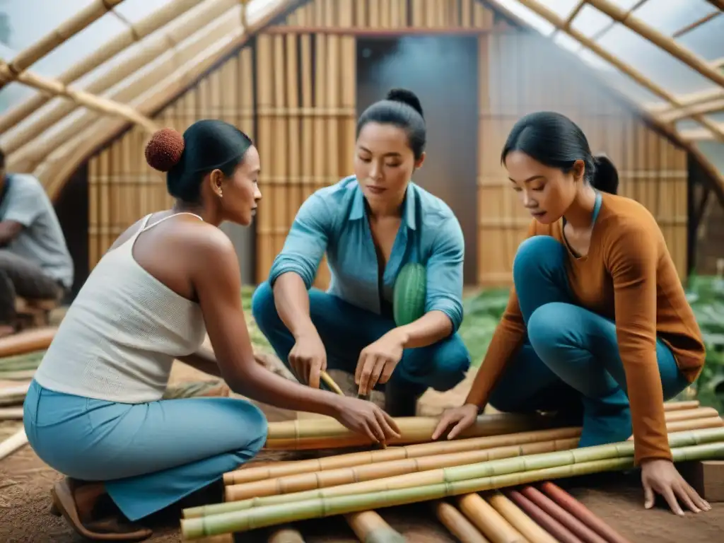 Un grupo diverso construyendo juntos una casa ecoamigable con materiales sostenibles