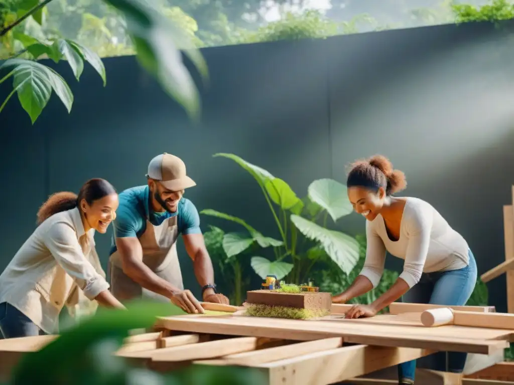 Grupo diverso construye juntos una ecoconstrucción sostenible rodeados de vegetación