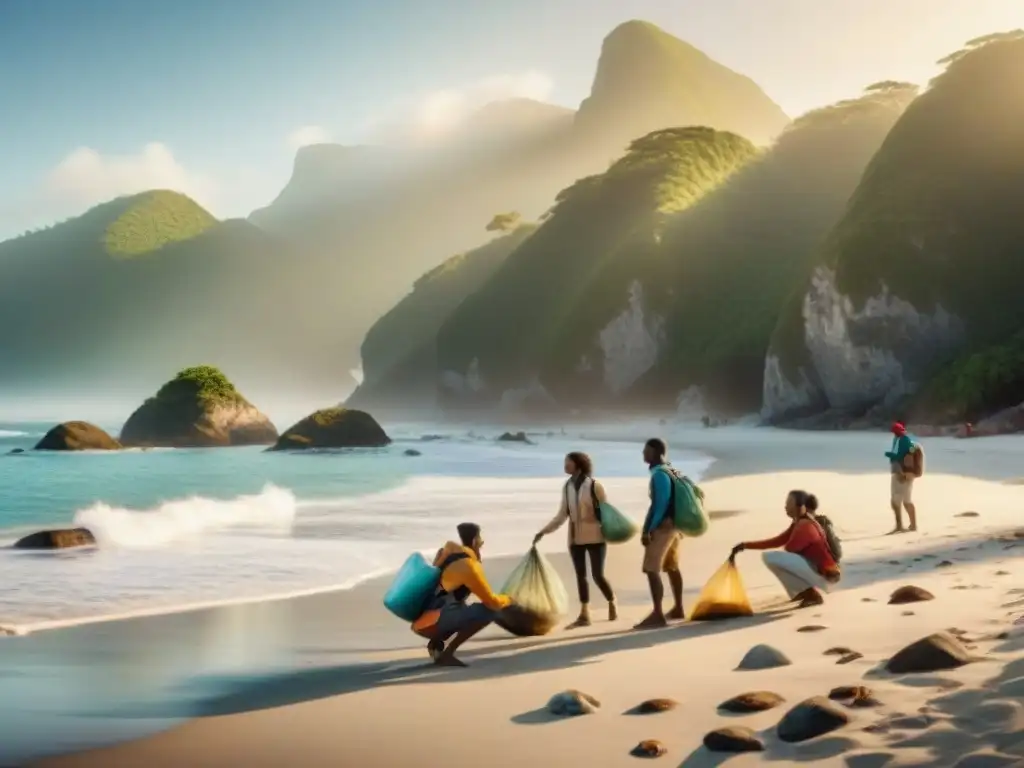 Grupo diverso realiza limpieza en playa remota al atardecer