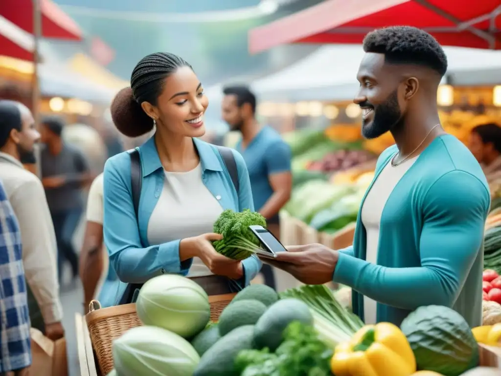 Grupo diverso en mercado, examinando productos ecofriendly y debatiendo sobre responsabilidad social