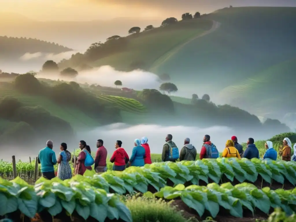 Un grupo diverso de miembros de la comunidad trabajando juntos para reconstruir su aldea sostenible después de un desastre natural