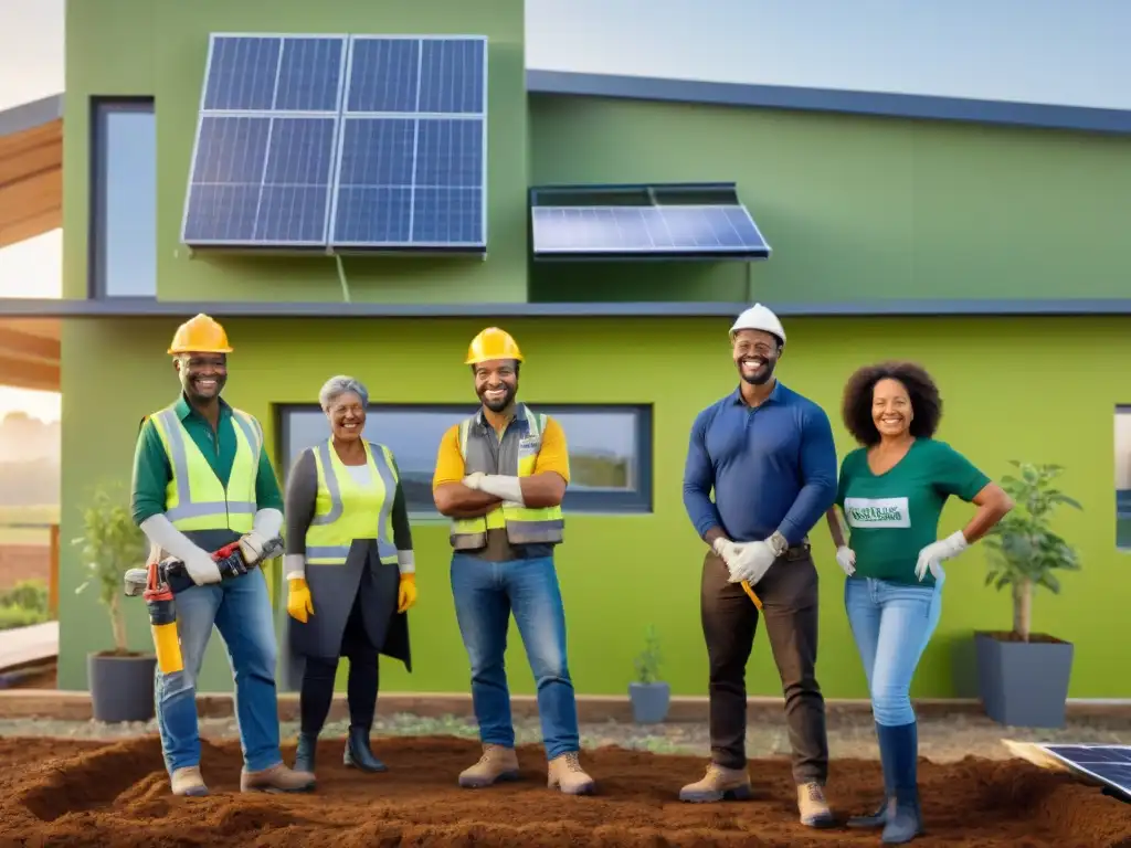 Un grupo diverso de miembros de la comunidad se muestra orgulloso frente a una vivienda verde respetuosa con el planeta al atardecer