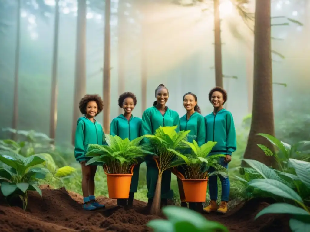 Grupo diverso de niños plantando árboles juntos en un bosque verde, luciendo ropa ecológica brillante, en armonía