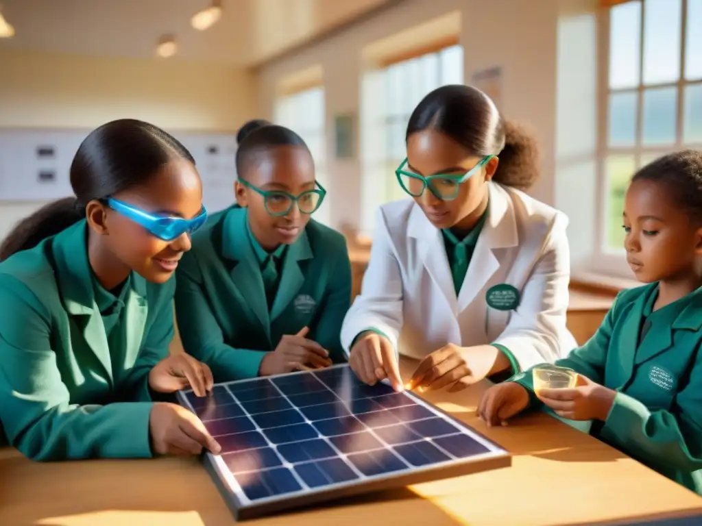 Grupo diverso de niños en experimento de energía solar en aula educativa vibrante