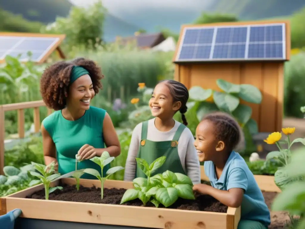 Grupo diverso de niños jugando y cuidando juntos un jardín comunitario, rodeados de casas ecoamigables