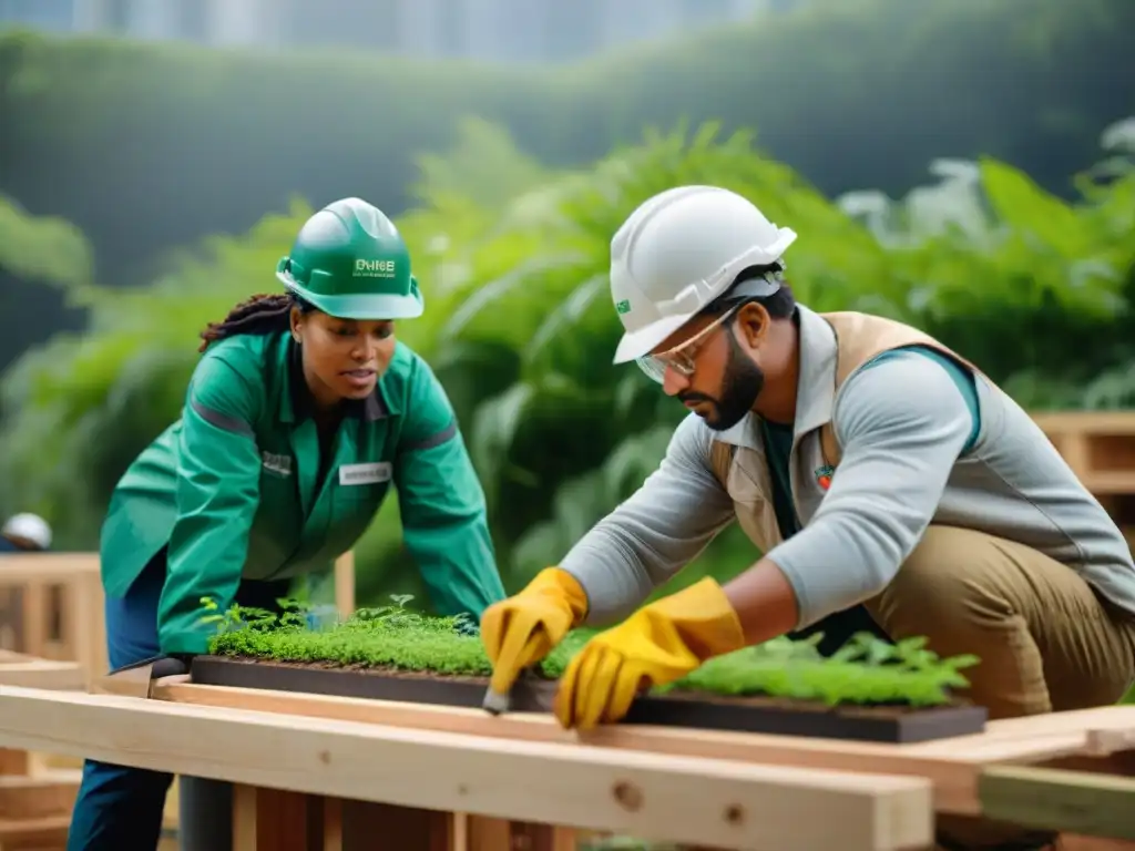 Un grupo diverso de participantes entusiastas en una construcción sostenible de espacios verdes