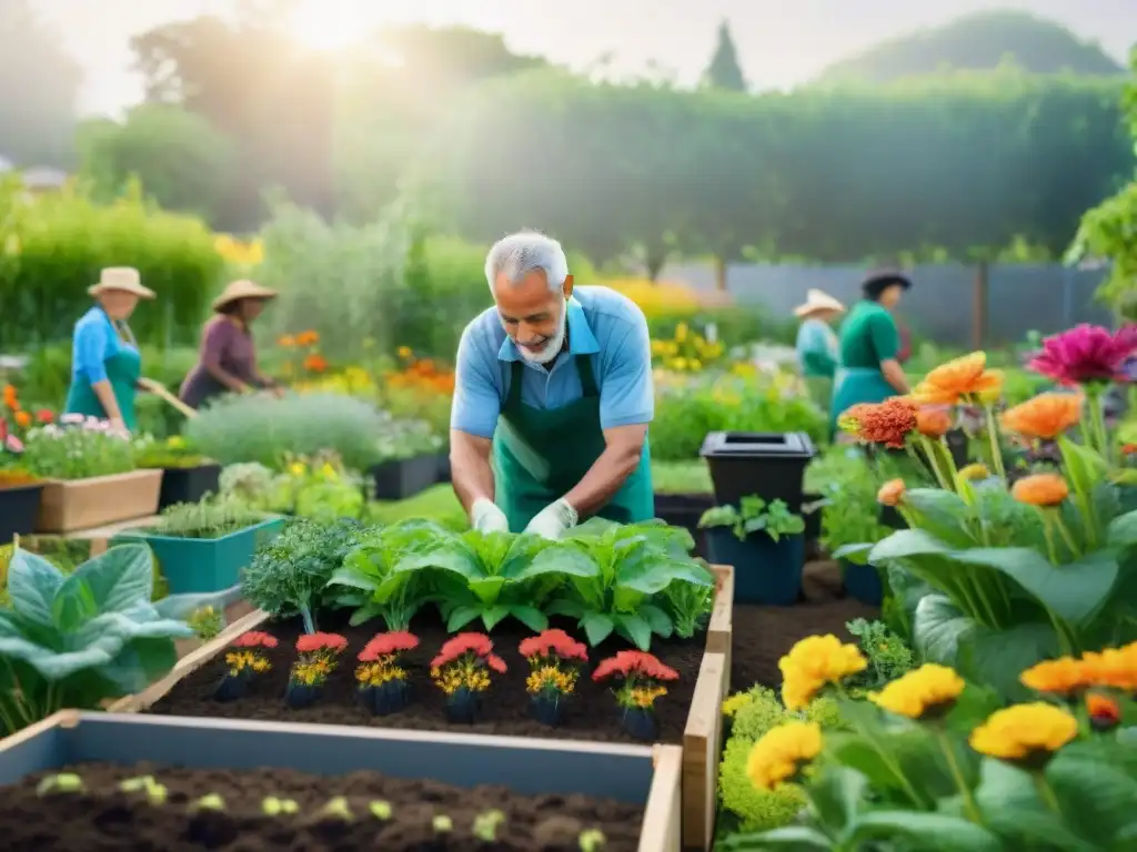 Un grupo diverso de personas trabajando juntas en un jardín comunitario, practicando jardinería sostenible para combatir el cambio climático