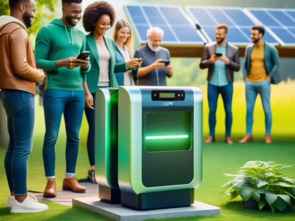 Un grupo diverso de personas disfruta en un parque alrededor de un cargador solar para dispositivos eco, bajo paneles solares relucientes