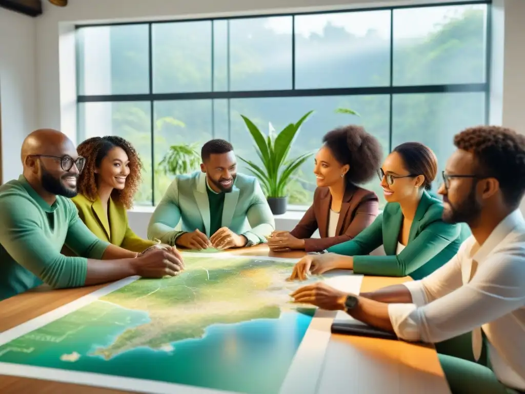 Un grupo diverso de profesionales del sector verde colabora con entusiasmo alrededor de una mesa con mapas y plantas