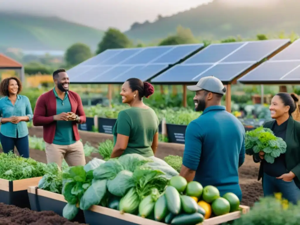 Un grupo diverso colabora en un proyecto sostenible liderado por una startup, cultivando la unidad y la fortaleza comunitaria