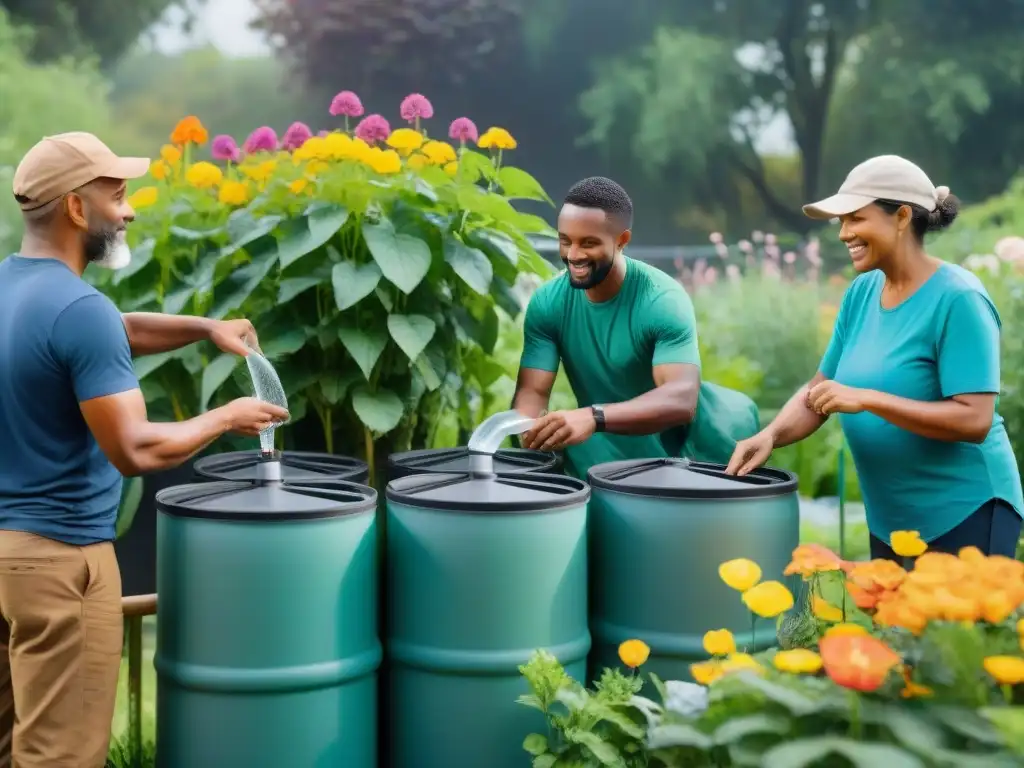 Grupo diverso instala sistema recolección agua lluvia en jardín comunitario