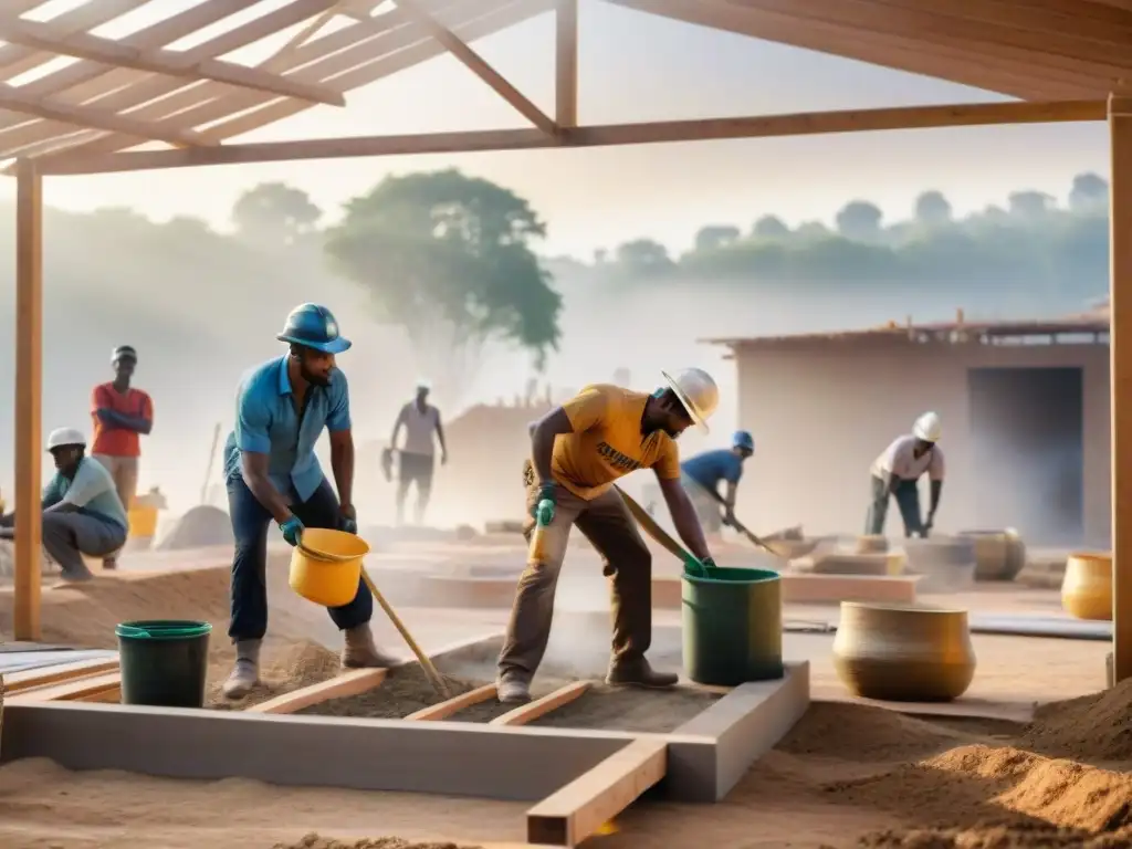 Un grupo diverso trabaja bajo el sol en autoconstrucción sostenible, mixtura de materiales naturales