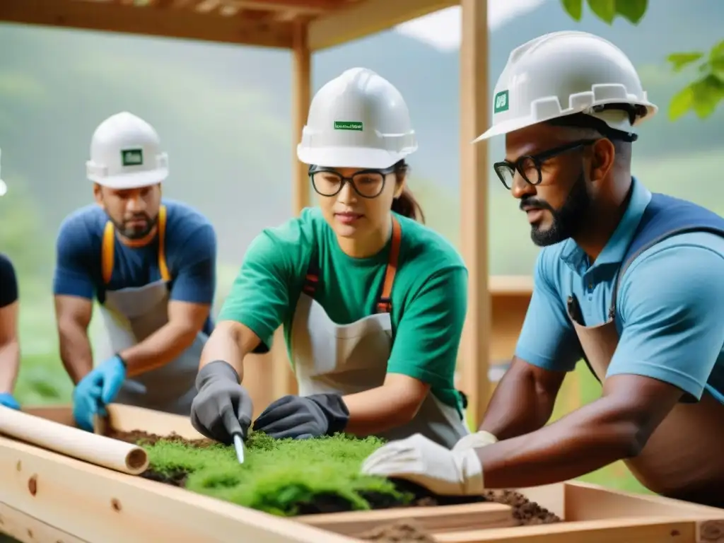 Grupo diverso en taller de construcción sostenible en entorno verde