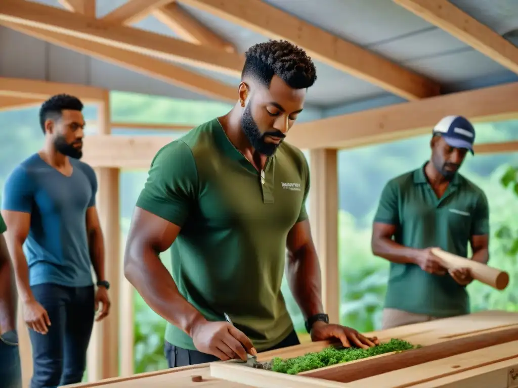 Grupo diverso en taller de construcción sostenible, enfocados en detalles ecofriendly